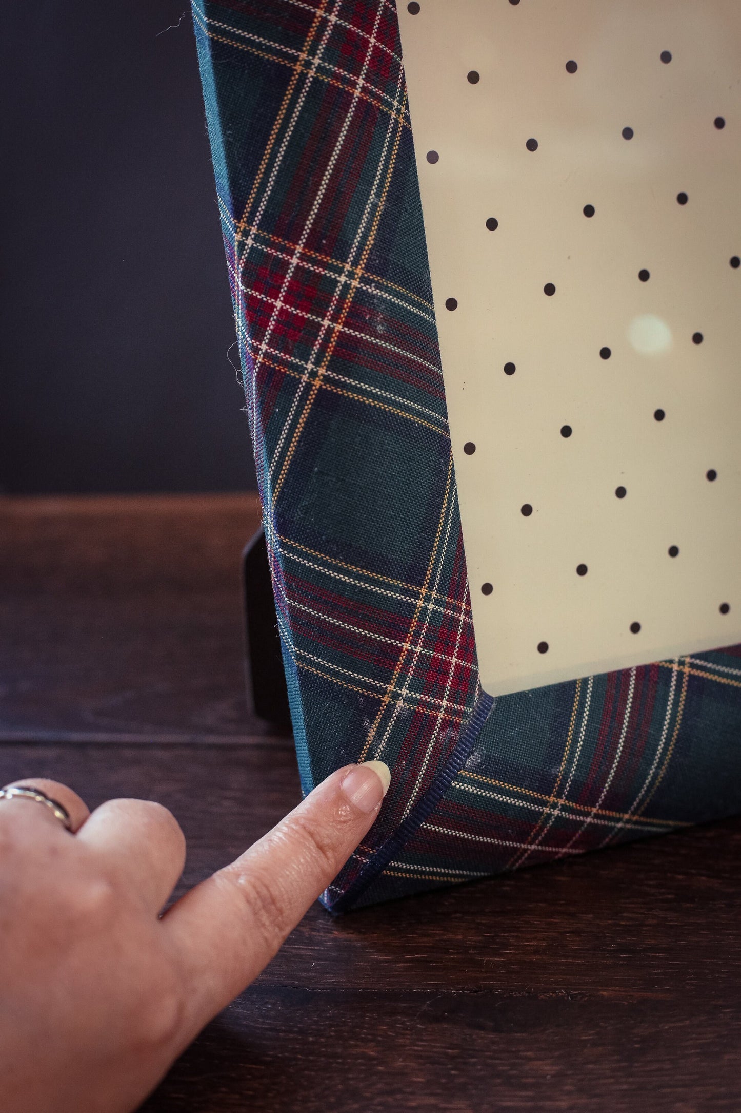 Green Blue Red Plaid Fabric Photo Frame with Grosgrain Accents - Vintage Tartan Picture Frame