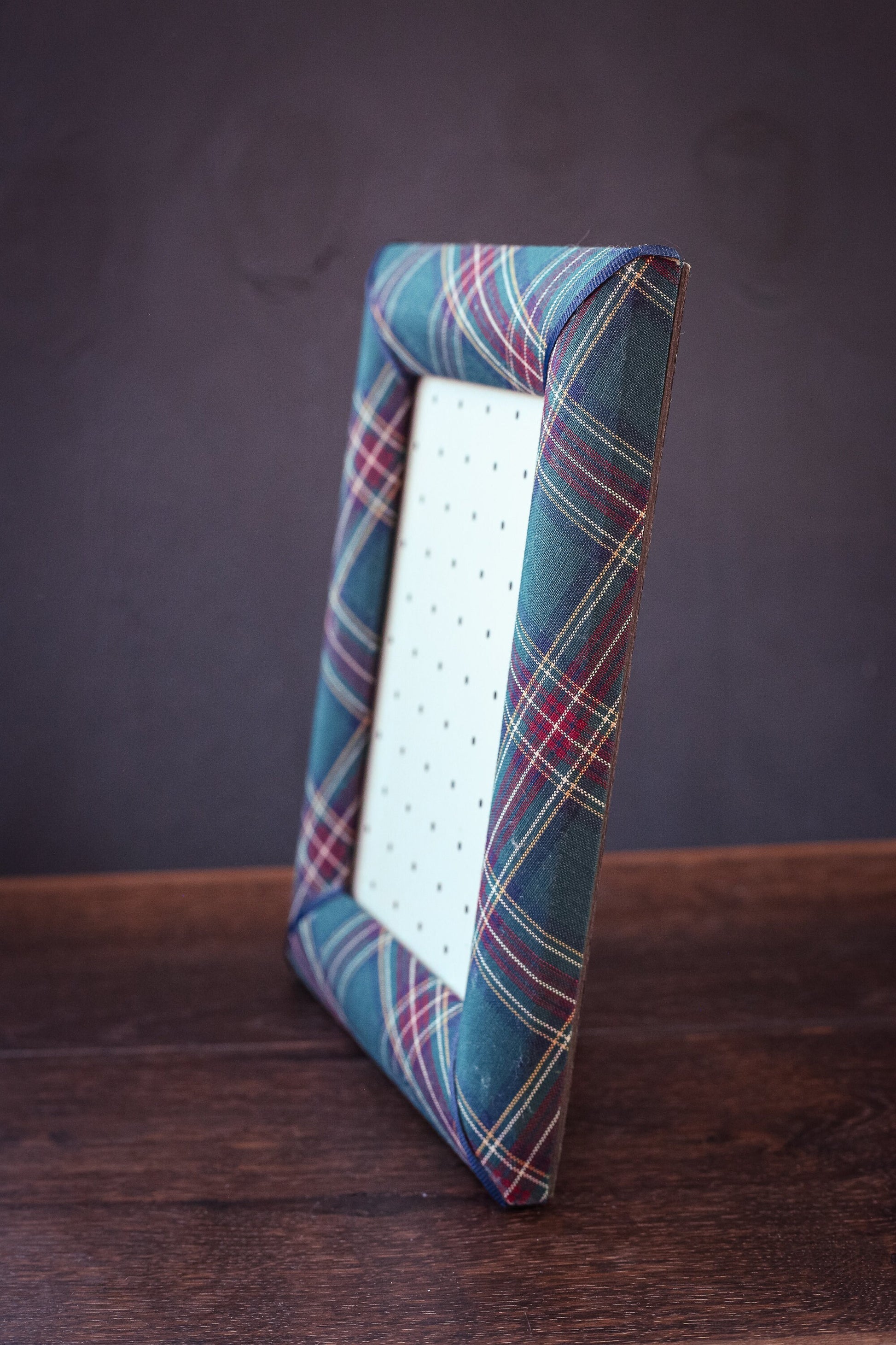 Green Blue Red Plaid Fabric Photo Frame with Grosgrain Accents - Vintage Tartan Picture Frame