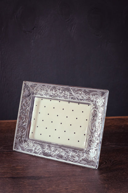 Solid Glass Picture Frame with Embossed Design - Vintage Crystal Photo Frame