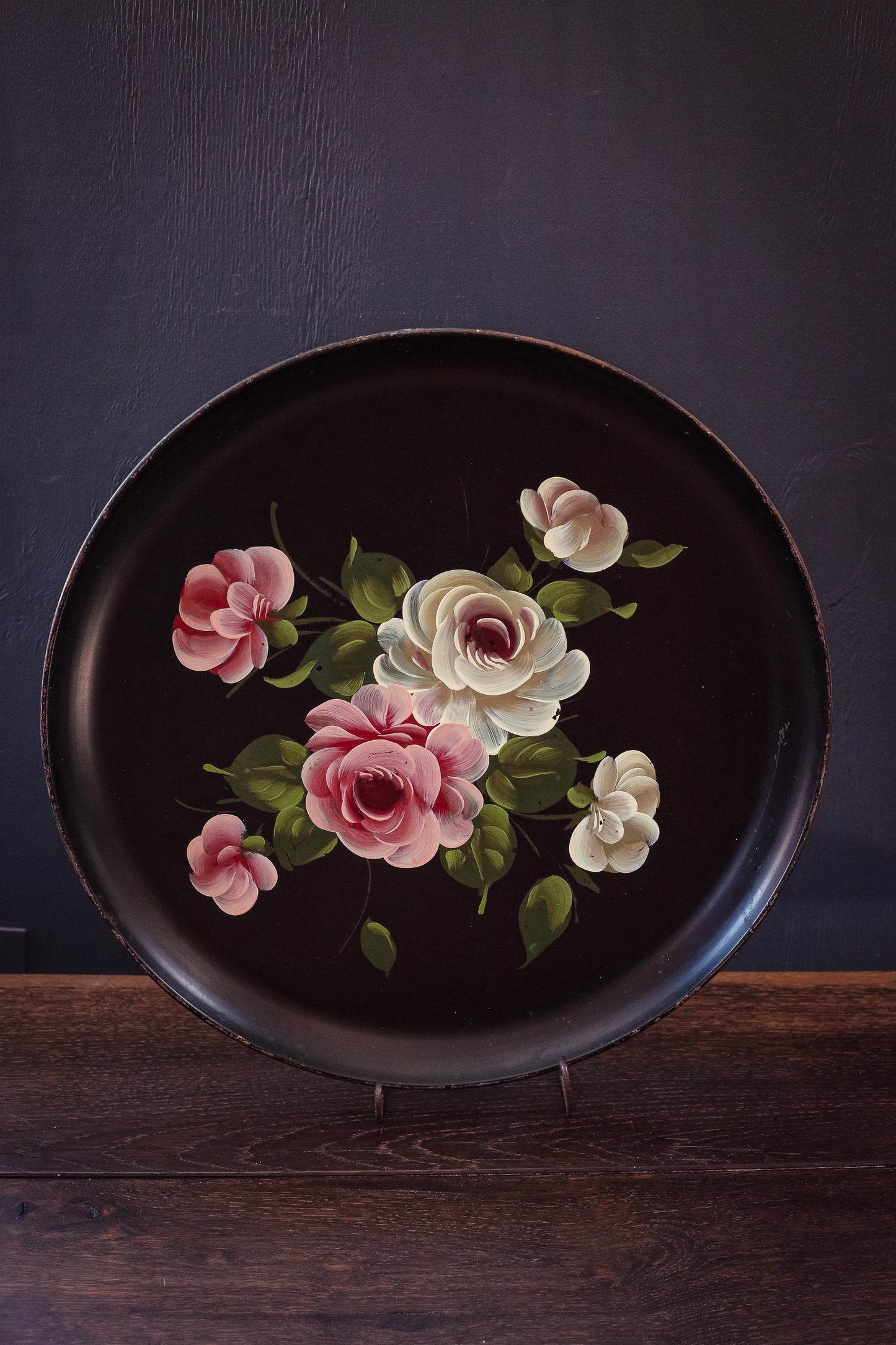 Round Handpainted Floral Tole Metal Tray - Vintage Black Toleware Tray with Pink White Roses