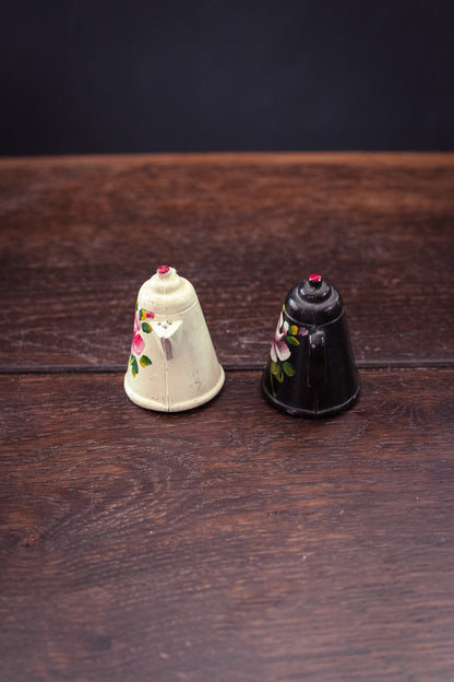 Pair of Black/White Floral Painted Metal Salt & Pepper