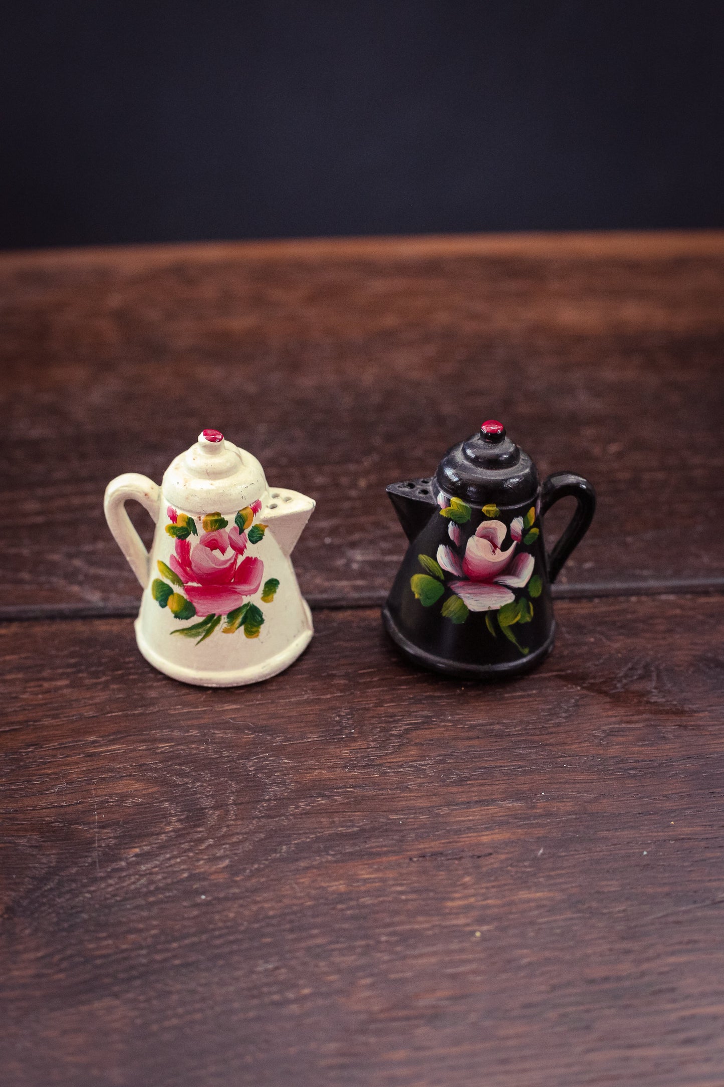 Pair of Black/White Floral Painted Metal Salt & Pepper