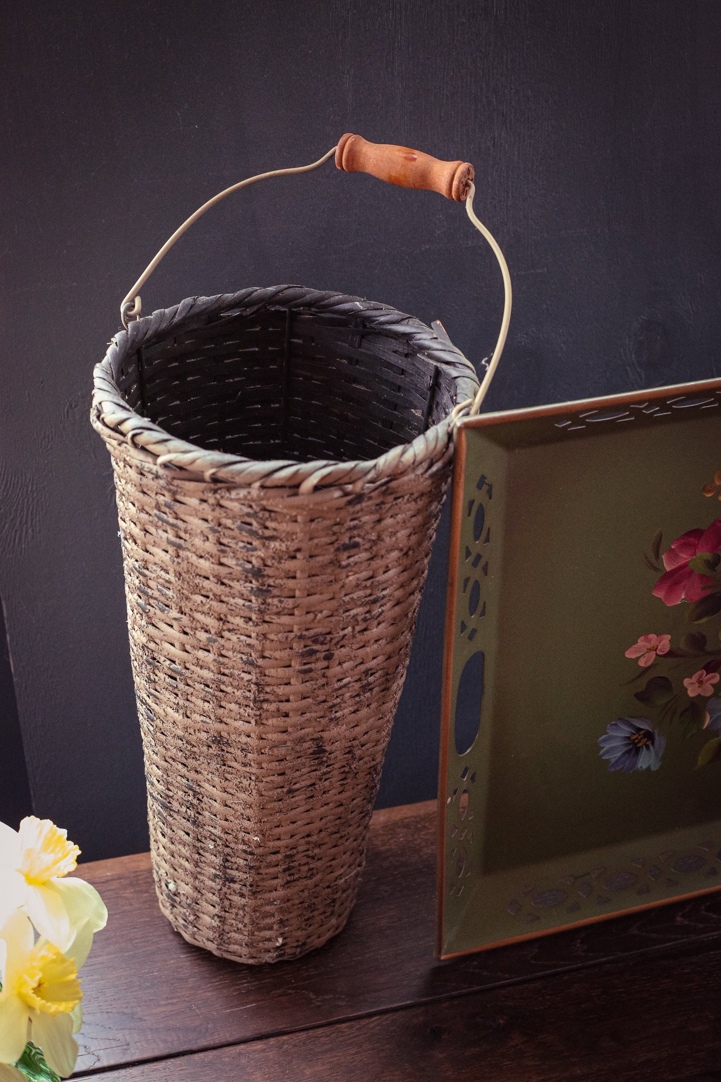 Tall Sponge Painted Floral Basket with Metal & Wood Handle - Vintage Farmhouse Decorative Basket