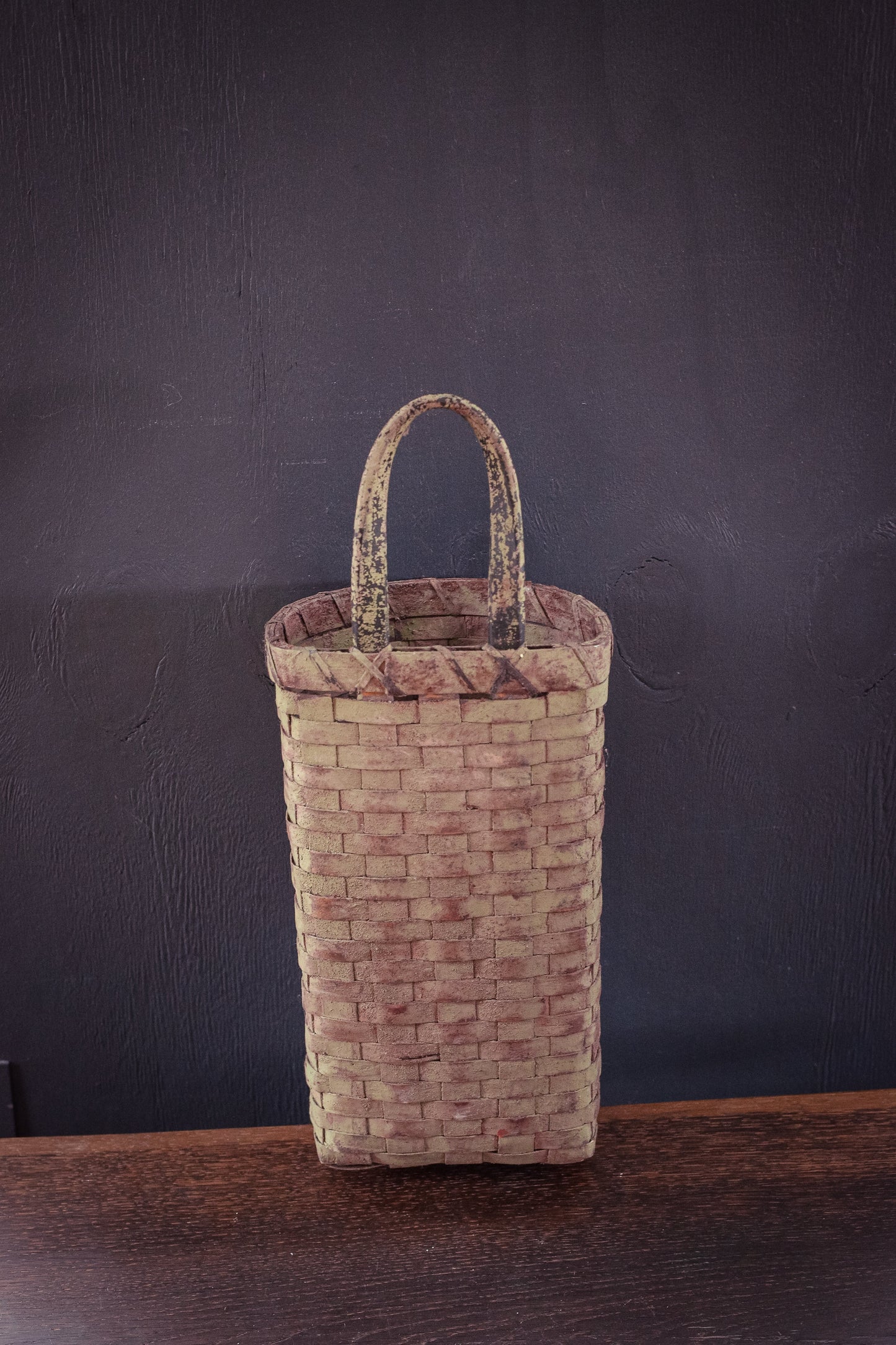 Tall Flat Back Sponge Painted Basket with Leather Handle - Vintage Farmhouse Decorative Basket