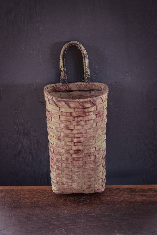 Tall Flat Back Sponge Painted Basket with Leather Handle - Vintage Farmhouse Decorative Basket