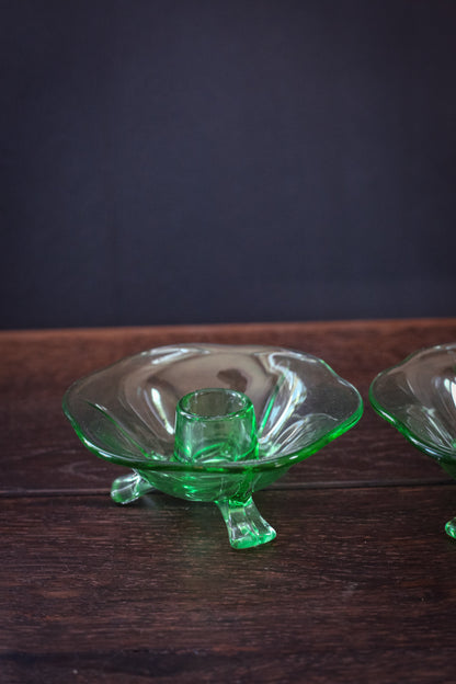 Green Lotus Uranium Glass Candle Holders by Fenton - Vintage Vaseline Depression Glass