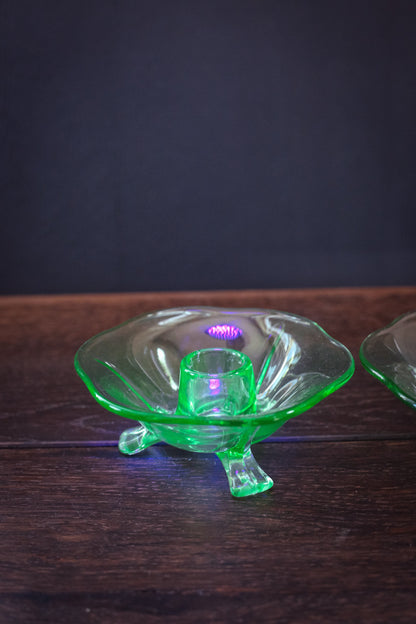 Green Lotus Uranium Glass Candle Holders by Fenton - Vintage Vaseline Depression Glass