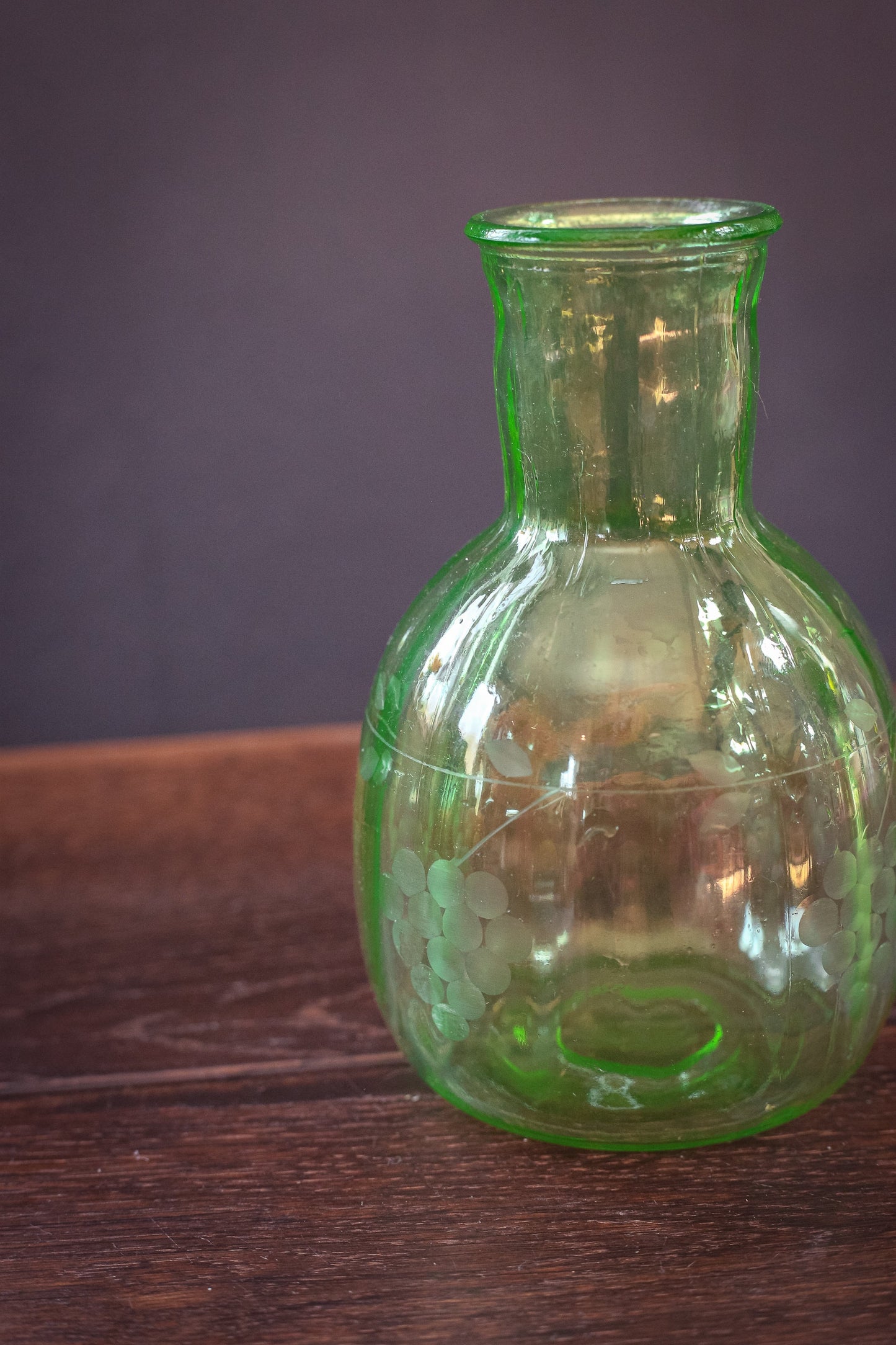 Green Uranium Glass Vase/Carafe - Vintage Depression Vaseline Glass Bottle
