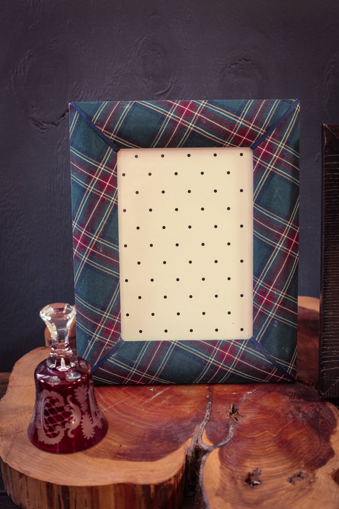 Green Blue Red Plaid Fabric Photo Frame with Grosgrain Accents - Vintage Tartan Picture Frame