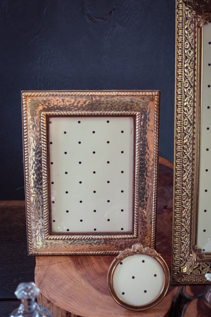 Brass and Microsuede Picture Frame - Vintage Hammered Brass Photo Frame