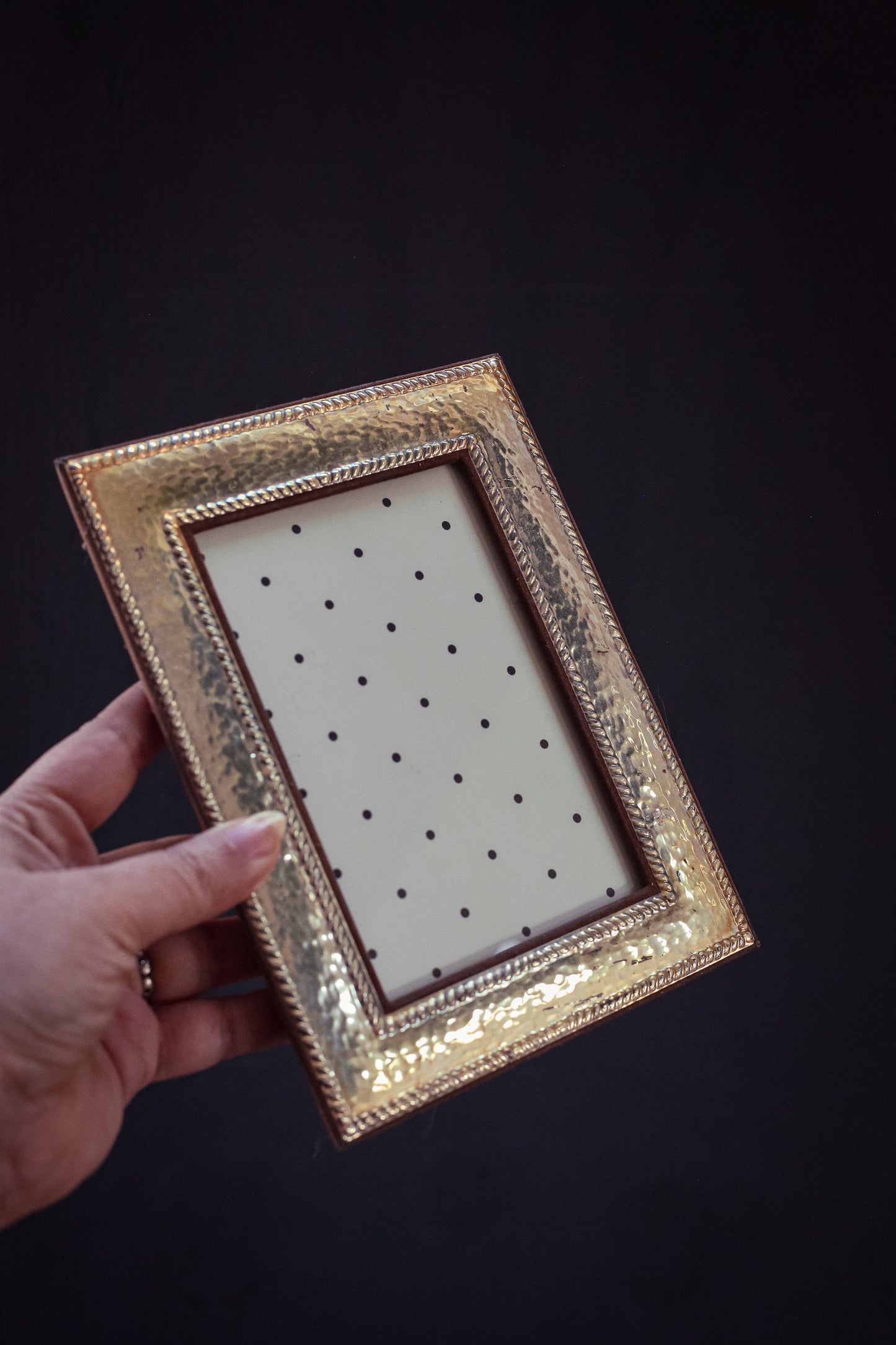 Brass and Microsuede Picture Frame - Vintage Hammered Brass Photo Frame