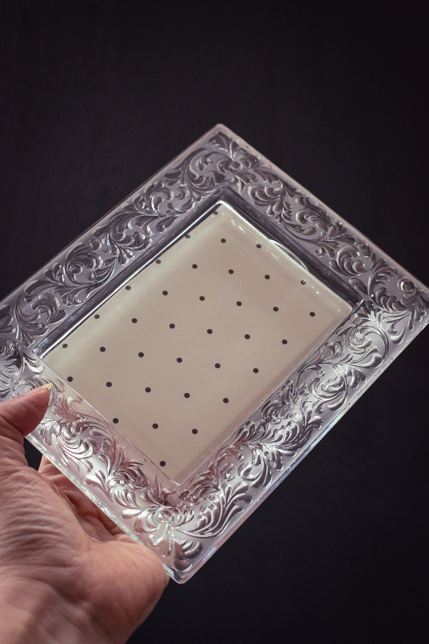 Solid Glass Picture Frame with Embossed Design - Vintage Crystal Photo Frame