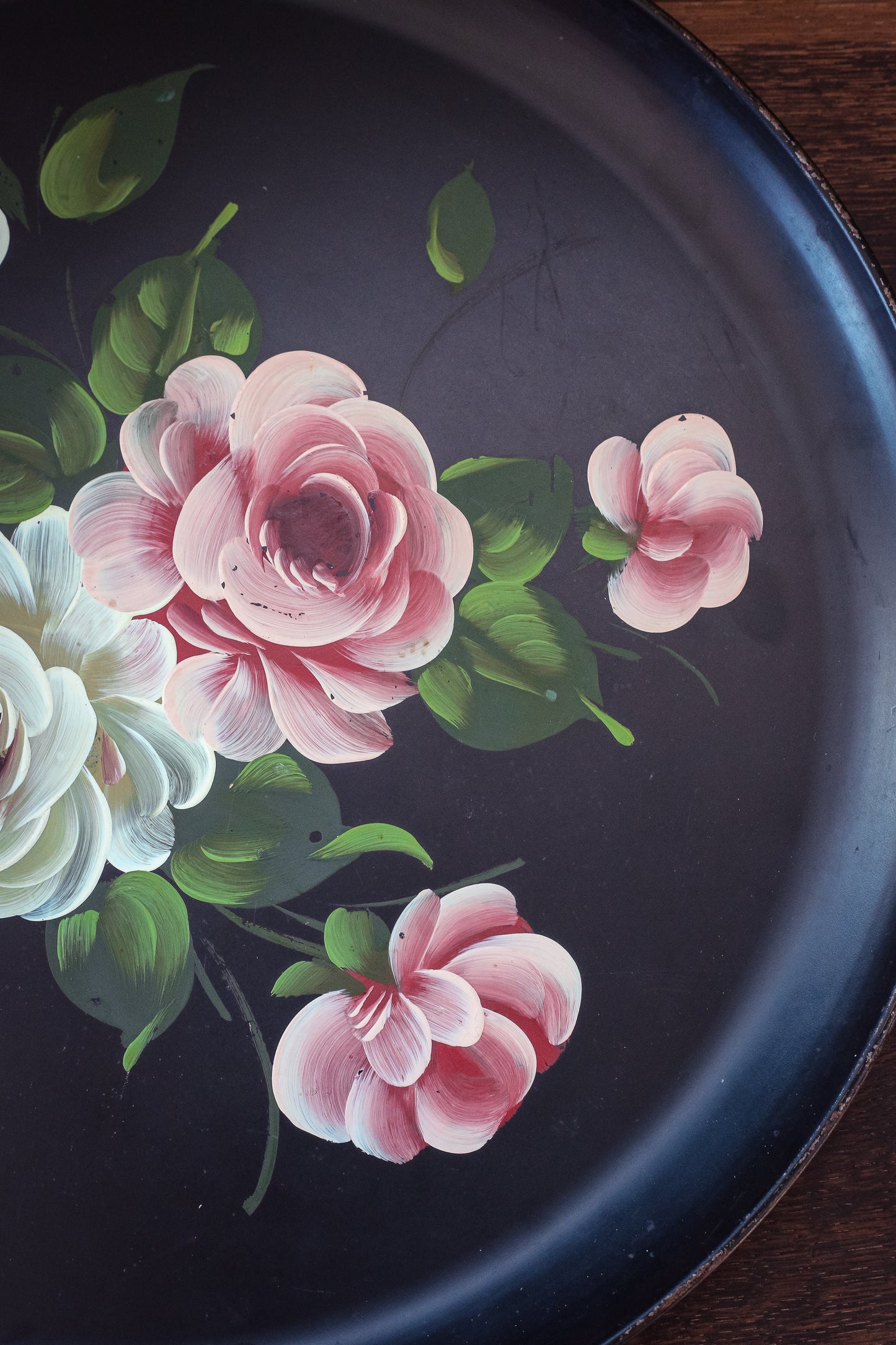 Round Handpainted Floral Tole Metal Tray - Vintage Black Toleware Tray with Pink White Roses