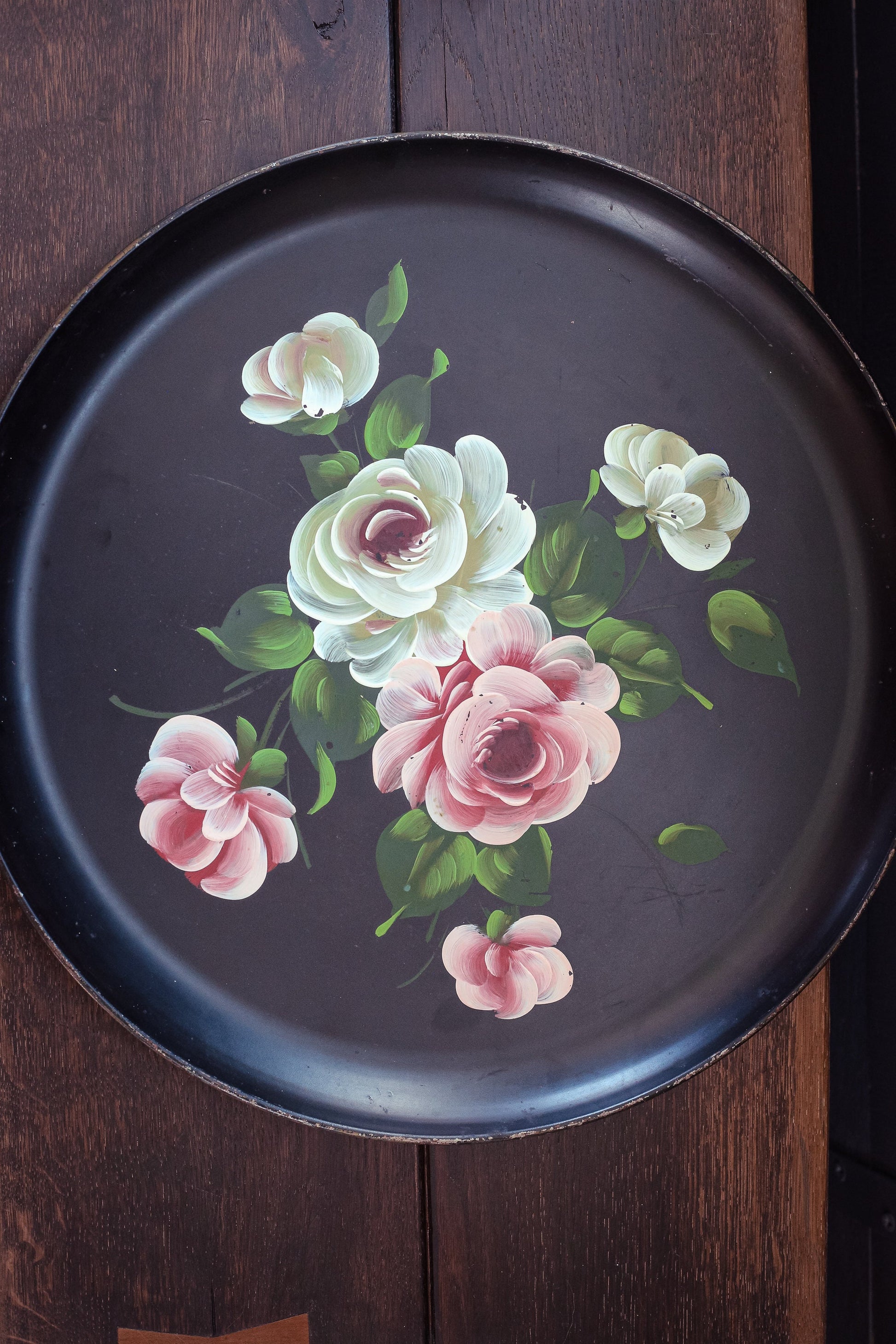 Round Handpainted Floral Tole Metal Tray - Vintage Black Toleware Tray with Pink White Roses