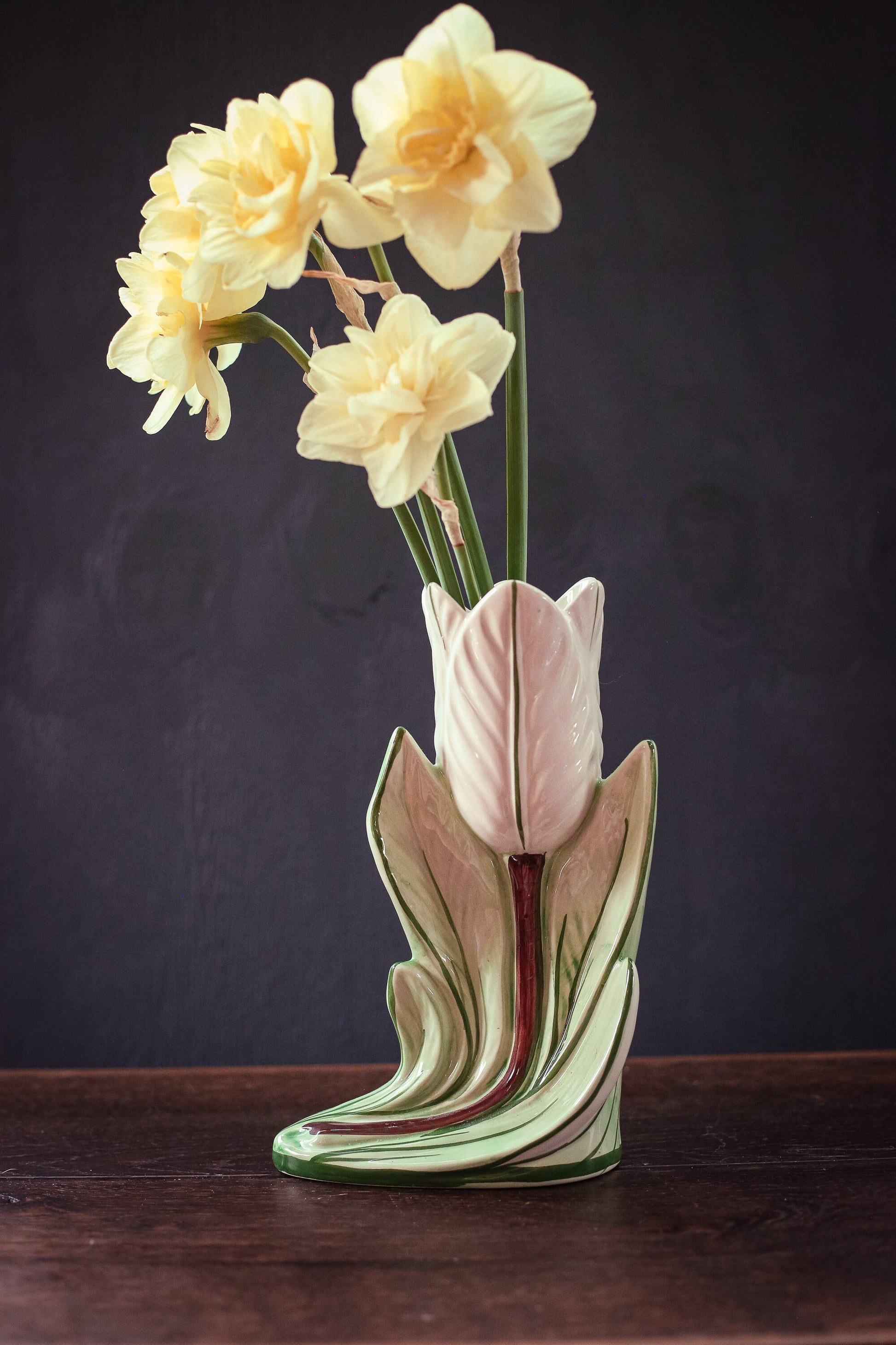 Handpainted Tromp Loeil Tulip Vase - Vintage Tulip Green White Ceramic Tulip Vase