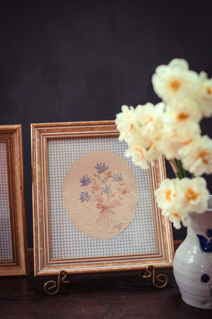 Pair of Gold Framed Pressed Flower Paper Art with Gingham - Vintage Flower Art