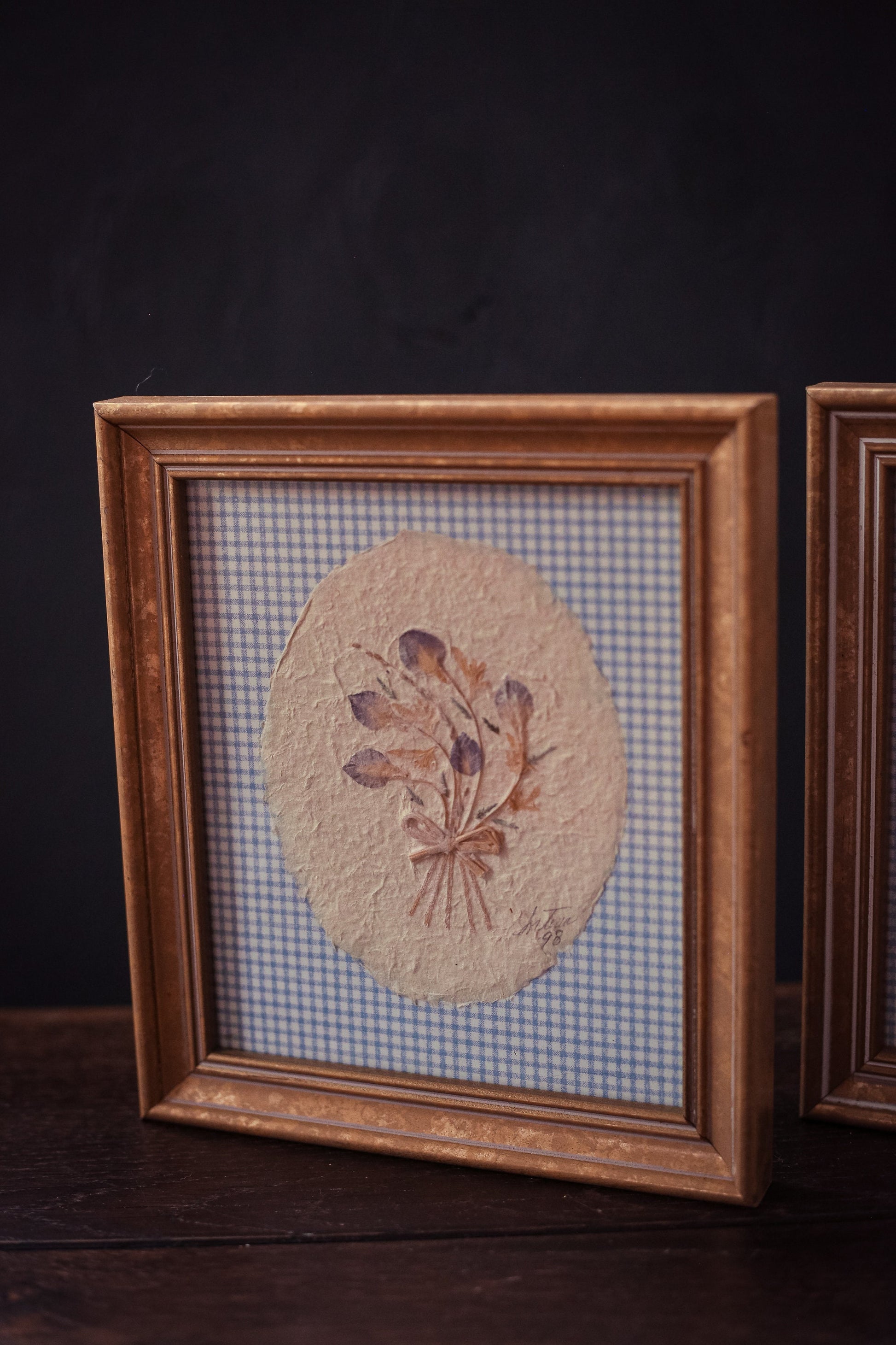 Pair of Gold Framed Pressed Flower Paper Art with Gingham - Vintage Flower Art