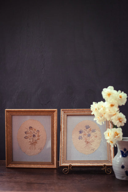 Pair of Gold Framed Pressed Flower Paper Art with Gingham - Vintage Flower Art