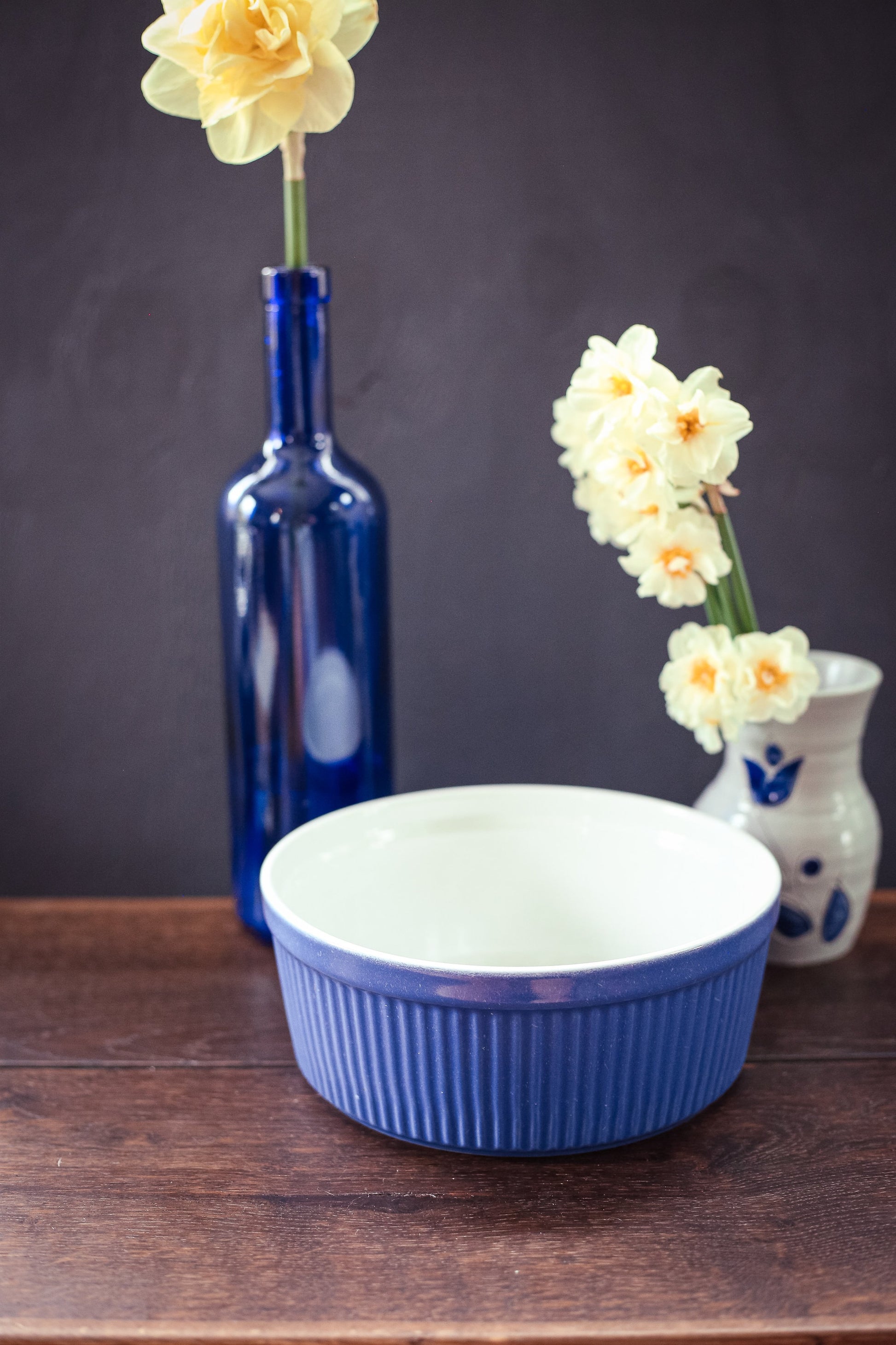 Large Cornflower Blue Porcelain Soufflé Dish - Vintage Bakeware Large Porcelain Souffle