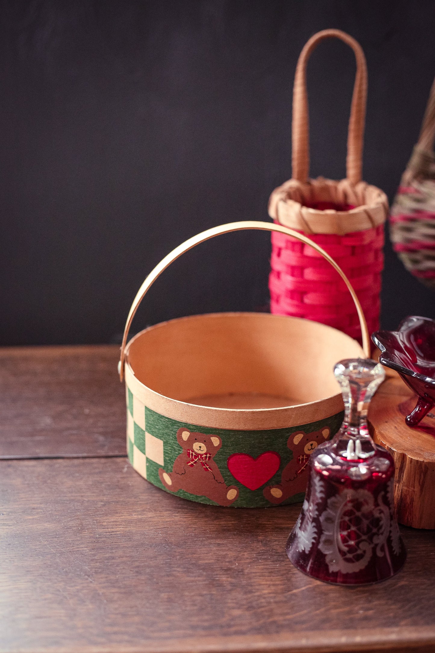 Green Red Wood Holiday Basket with Bears - Vintage Wooden Holiday Basket