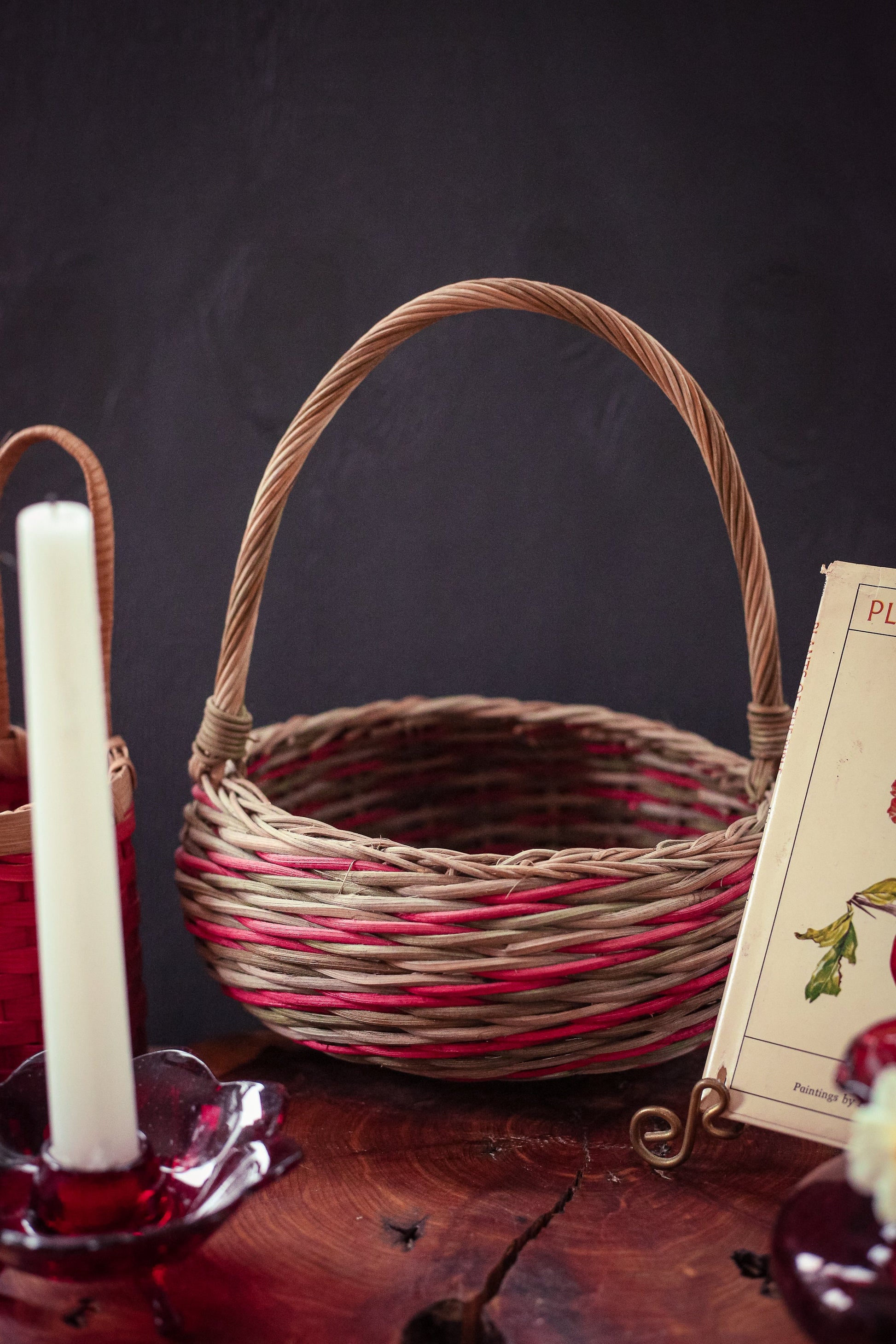 Multi-Color Round Wicker Basket with Handle - Vintage Holiday Decorative Wicker Basket