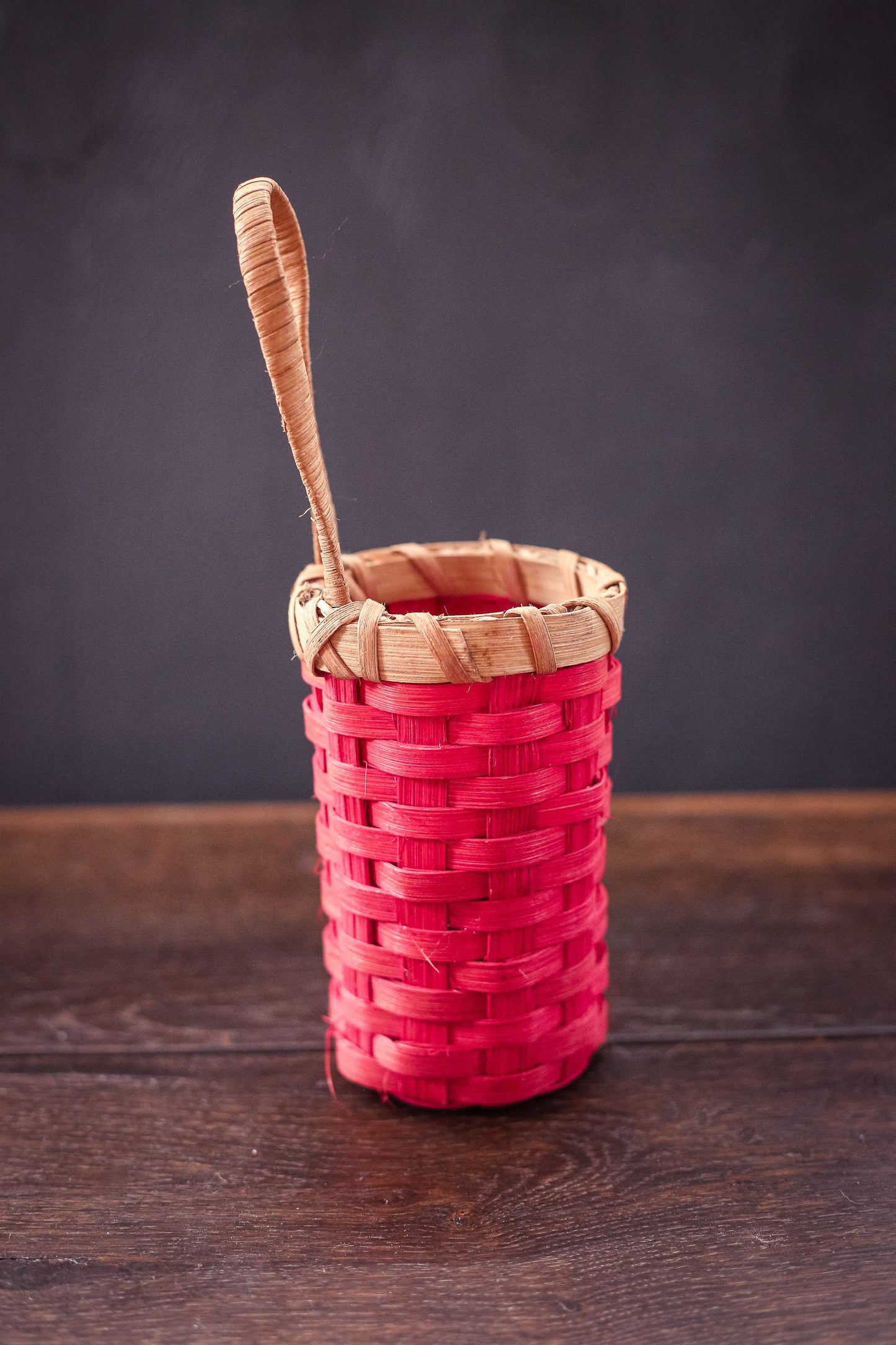 Red Dyed Wood Strip Wall Basket - Vintage Decorative Basket