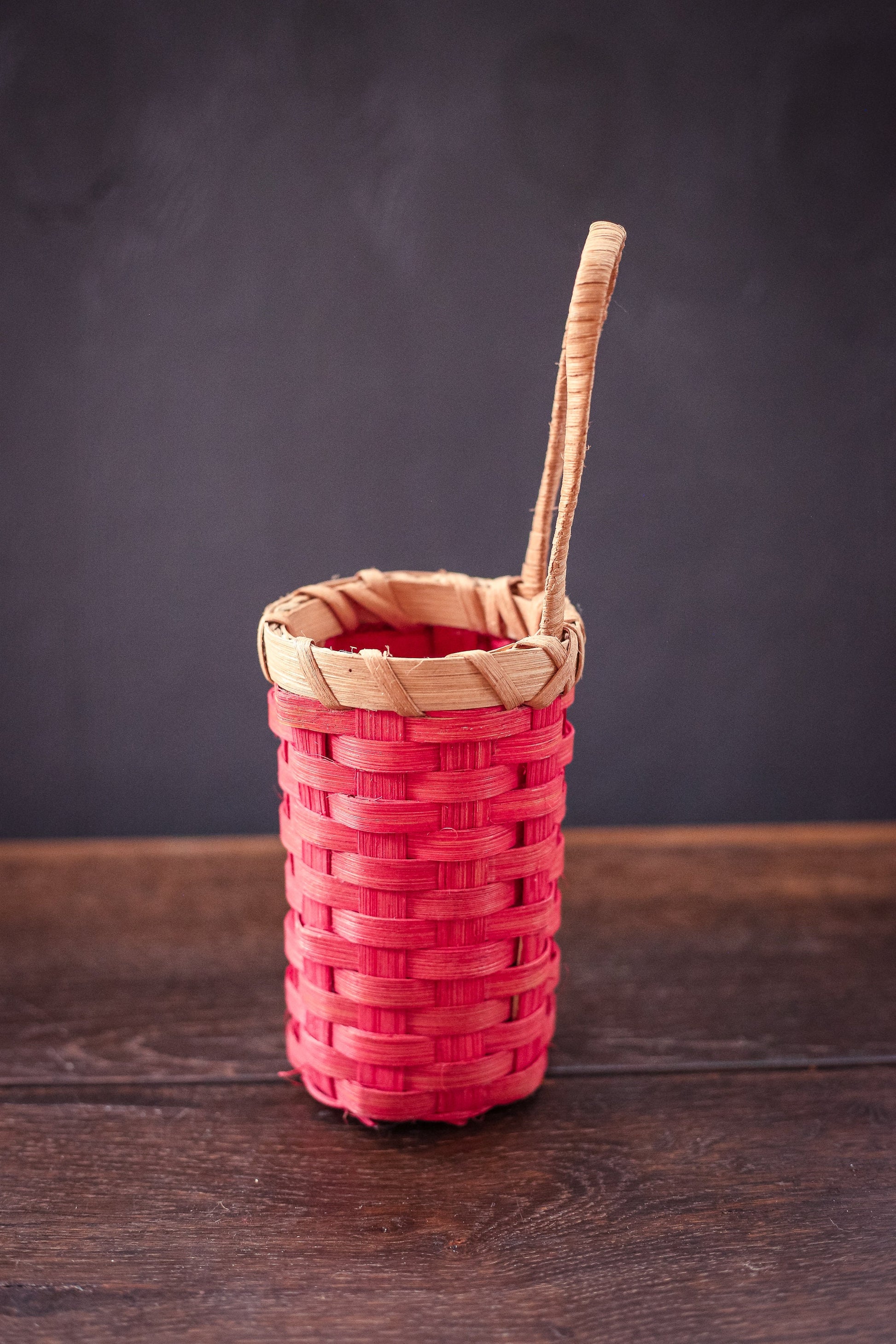 Red Dyed Wood Strip Wall Basket - Vintage Decorative Basket