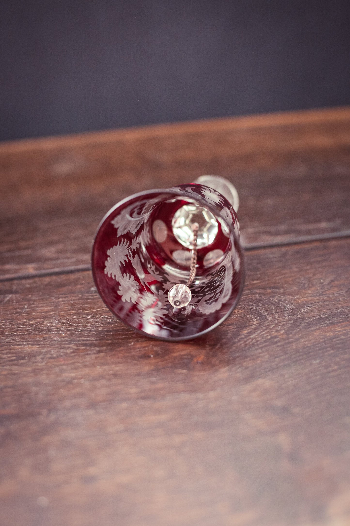 Red Carved Crystal Bell with Tower and Reindeer - Vintage Cut Glass Bell