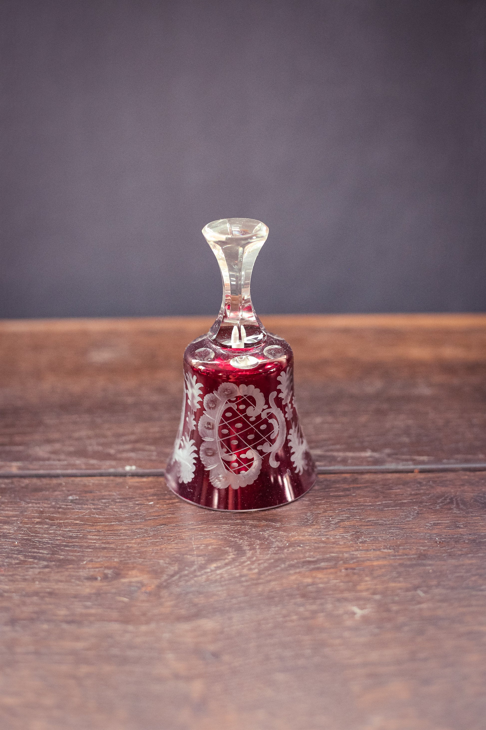 Red Carved Crystal Bell with Tower and Reindeer - Vintage Cut Glass Bell