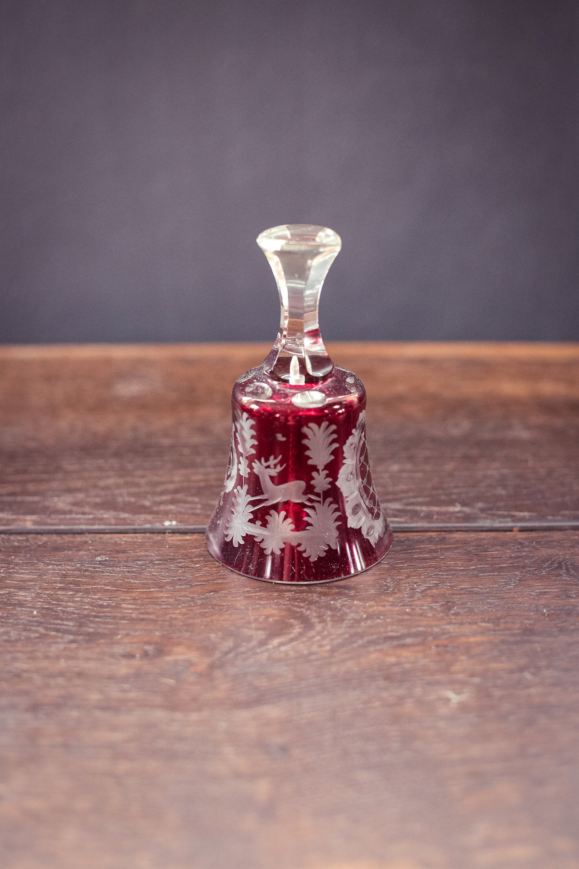 Red Carved Crystal Bell with Tower and Reindeer - Vintage Cut Glass Bell