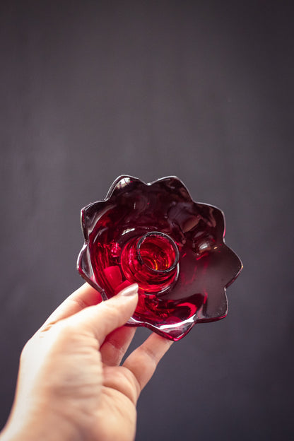 Red Lotus Glass Candle Holder - Vintage Fenton Amberina Ruby Red Candle Base