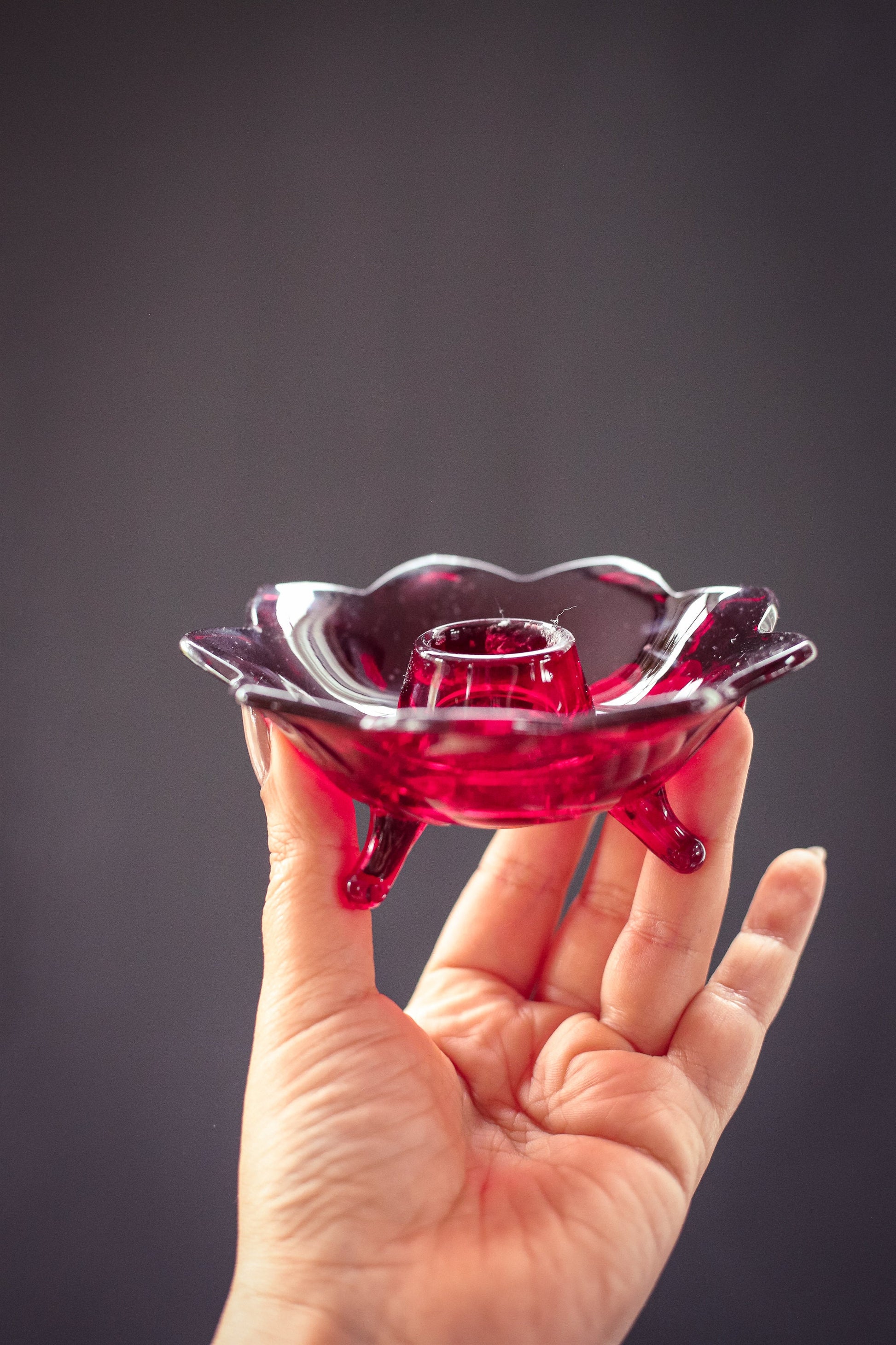 Red Lotus Glass Candle Holder - Vintage Fenton Amberina Ruby Red Candle Base