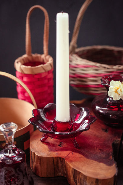 Red Lotus Glass Candle Holder - Vintage Fenton Amberina Ruby Red Candle Base