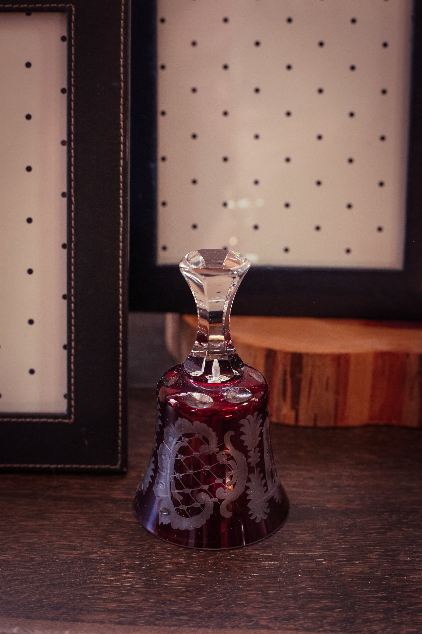 Red Carved Crystal Bell with Tower and Reindeer - Vintage Cut Glass Bell