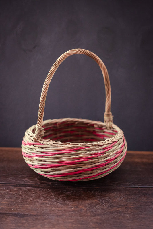 Multi-Color Round Wicker Basket with Handle - Vintage Holiday Decorative Wicker Basket