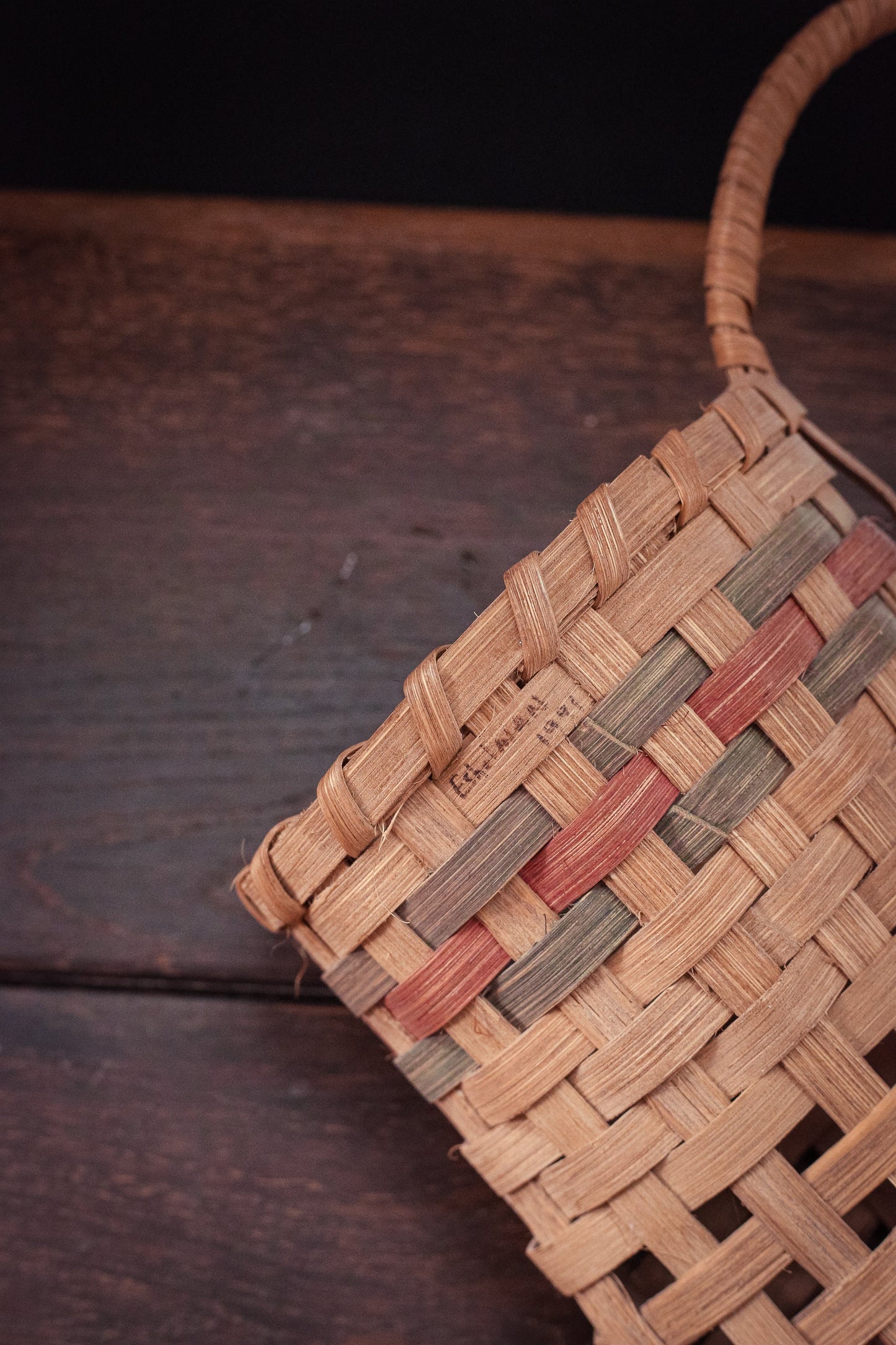 Multi Color V-shaped Wall Basket Signed by Maker - Vintage Splint Wood Basket