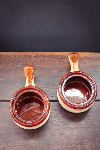 Pair of Tan/Brown Dip Glaze Soup Bowls with Handles - Vintage Soup Mugs set of 2