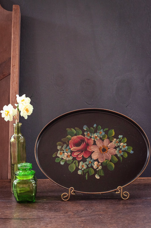 Black Oval Floral Tole Painted Floral Tray - Vintage Metal Tray