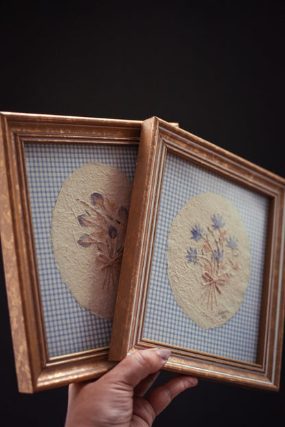 Pair of Gold Framed Pressed Flower Paper Art with Gingham - Vintage Flower Art