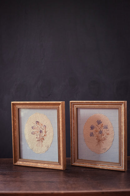 Pair of Gold Framed Pressed Flower Paper Art with Gingham - Vintage Flower Art