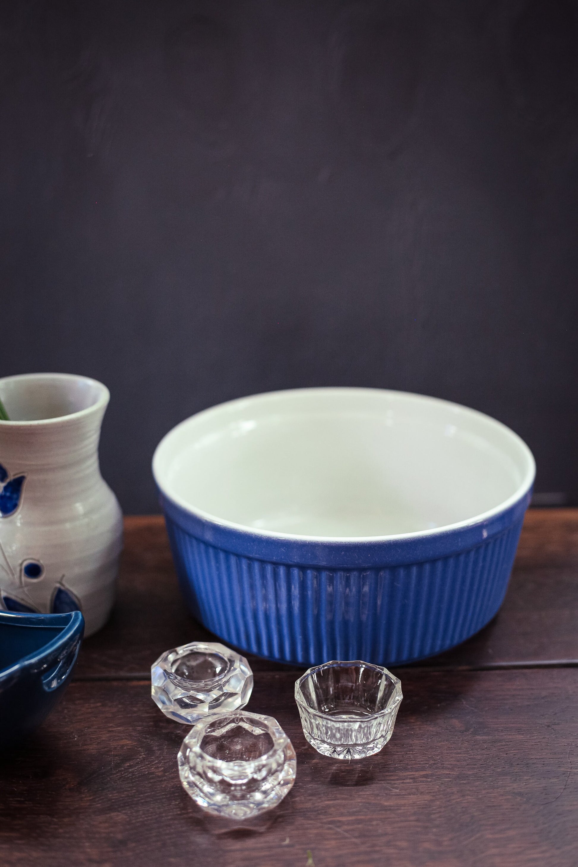 Large Cornflower Blue Porcelain Soufflé Dish - Vintage Bakeware Large Porcelain Souffle