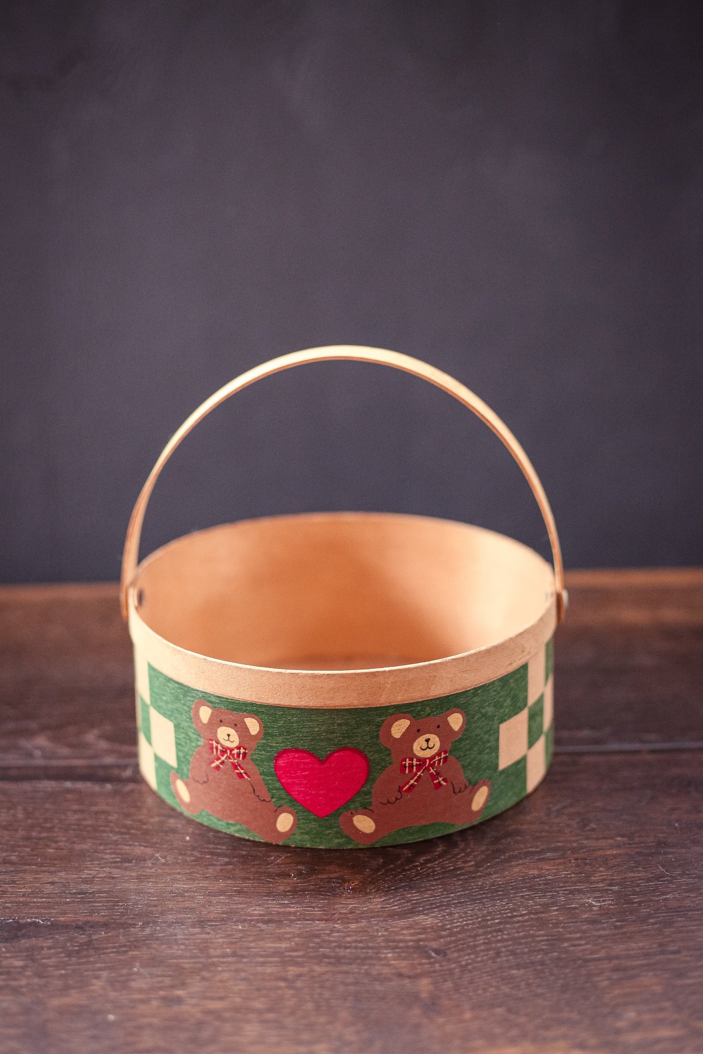 Green Red Wood Holiday Basket with Bears - Vintage Wooden Holiday Basket