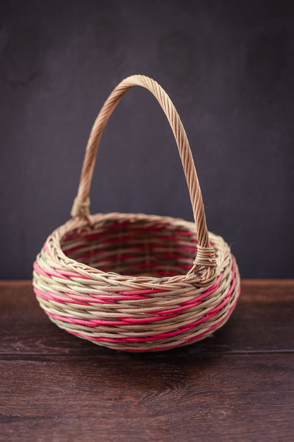 Multi-Color Round Wicker Basket with Handle - Vintage Holiday Decorative Wicker Basket