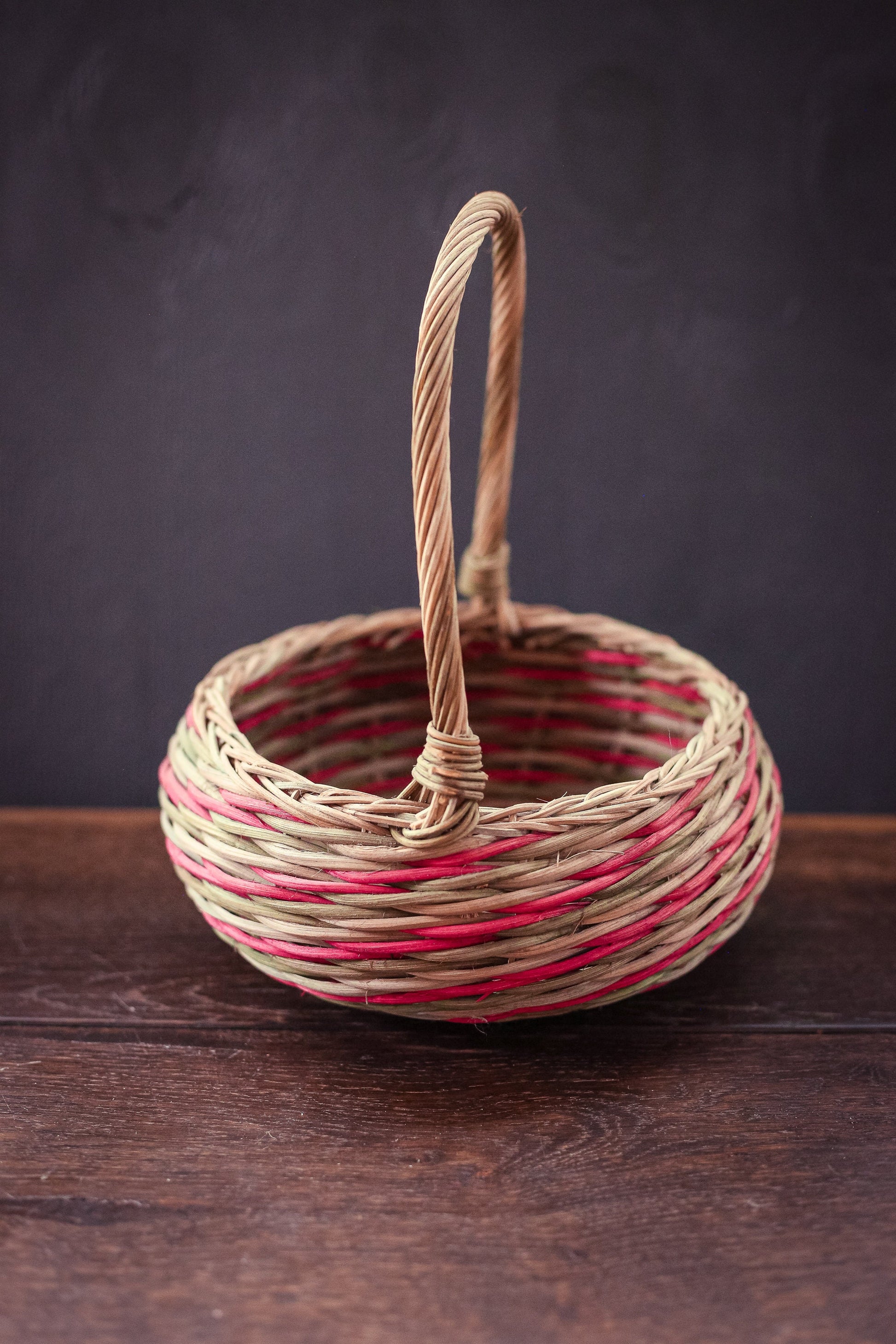 Multi-Color Round Wicker Basket with Handle - Vintage Holiday Decorative Wicker Basket