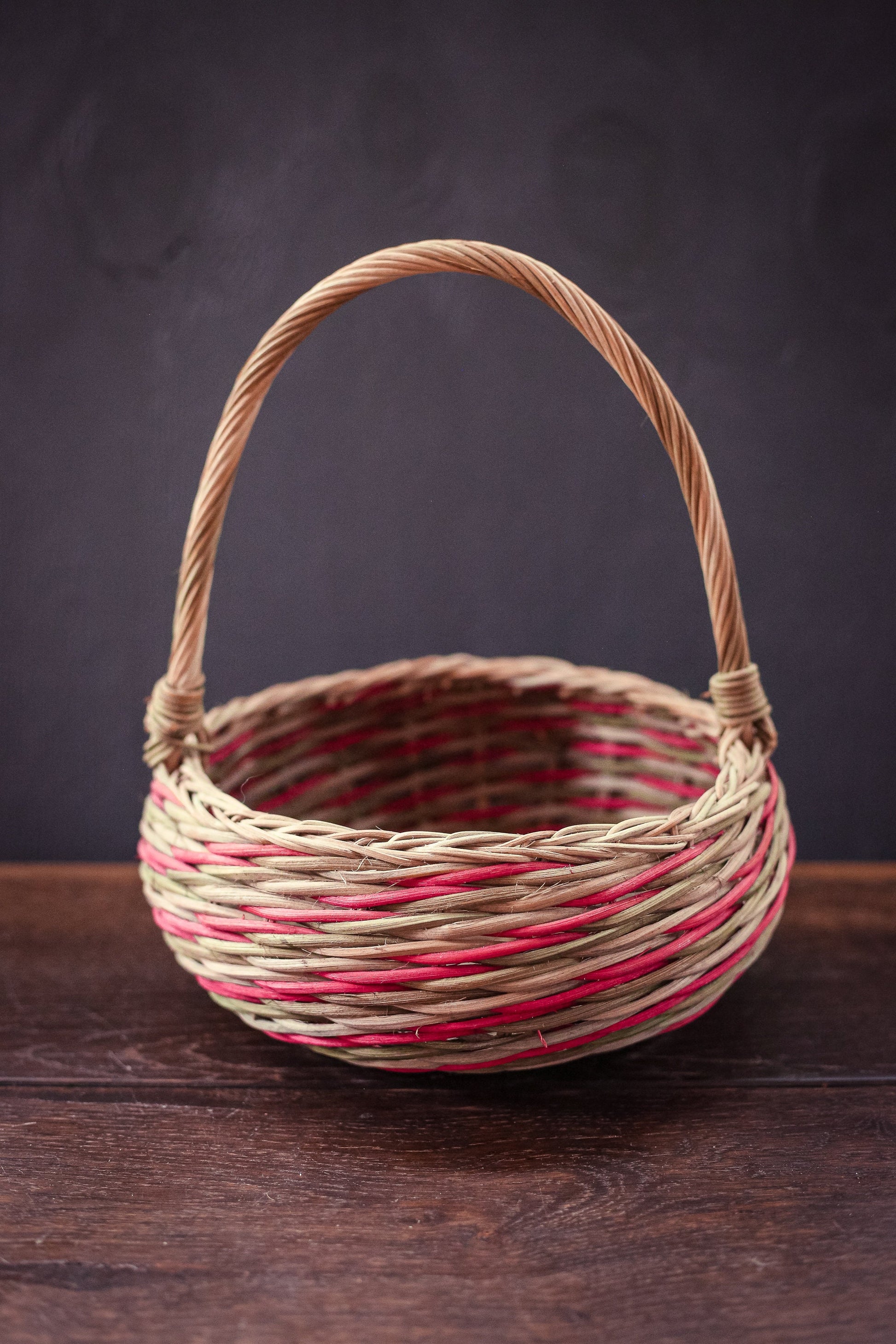 Multi-Color Round Wicker Basket with Handle - Vintage Holiday Decorative Wicker Basket