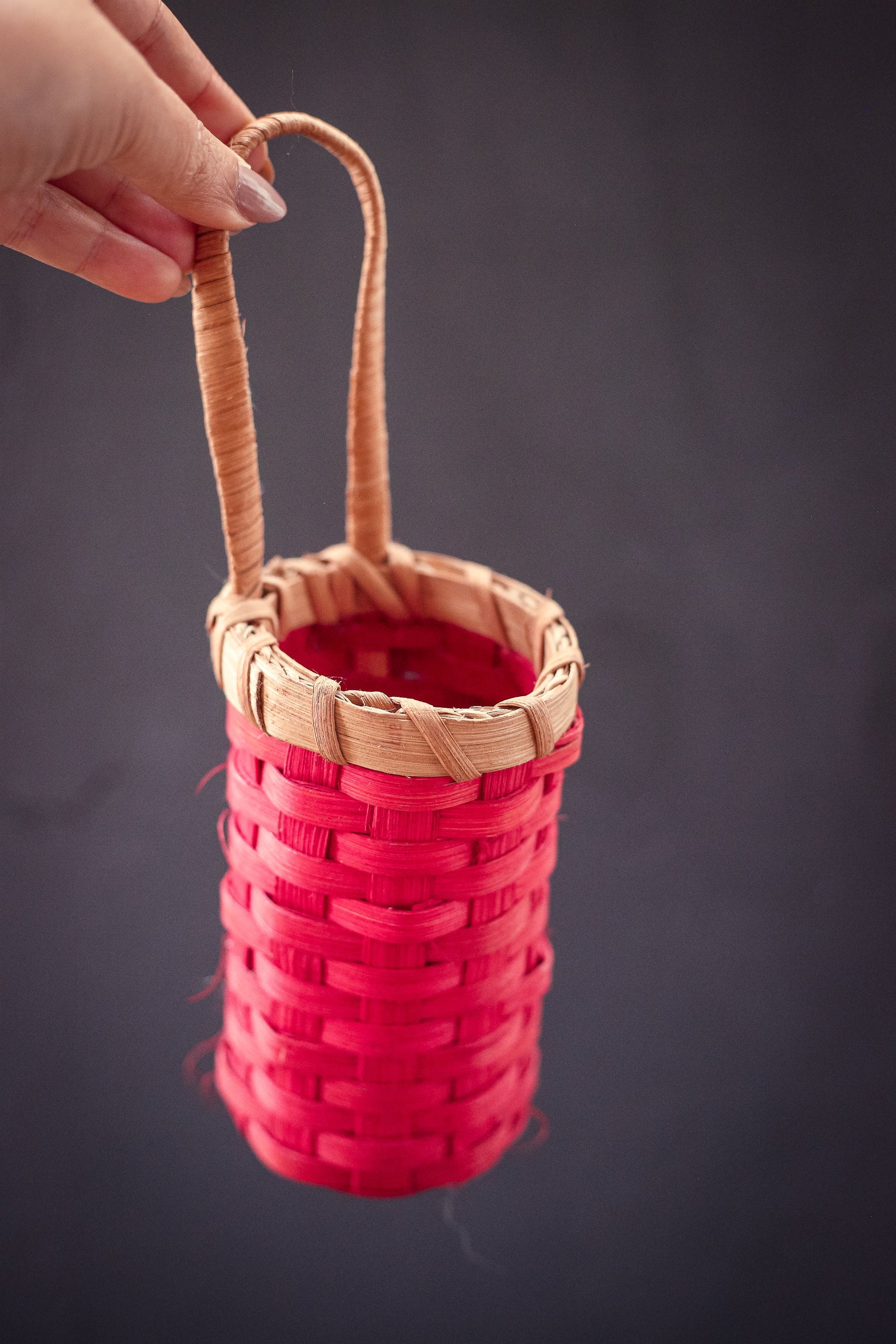 Red Dyed Wood Strip Wall Basket - Vintage Decorative Basket