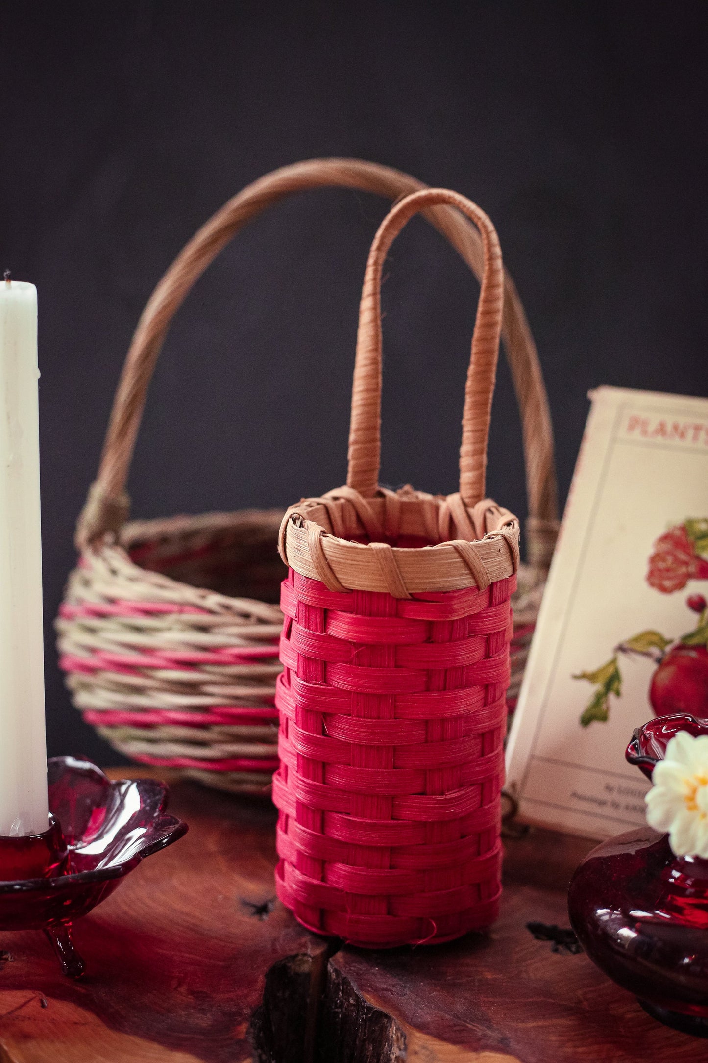 Red Dyed Wood Strip Wall Basket - Vintage Decorative Basket