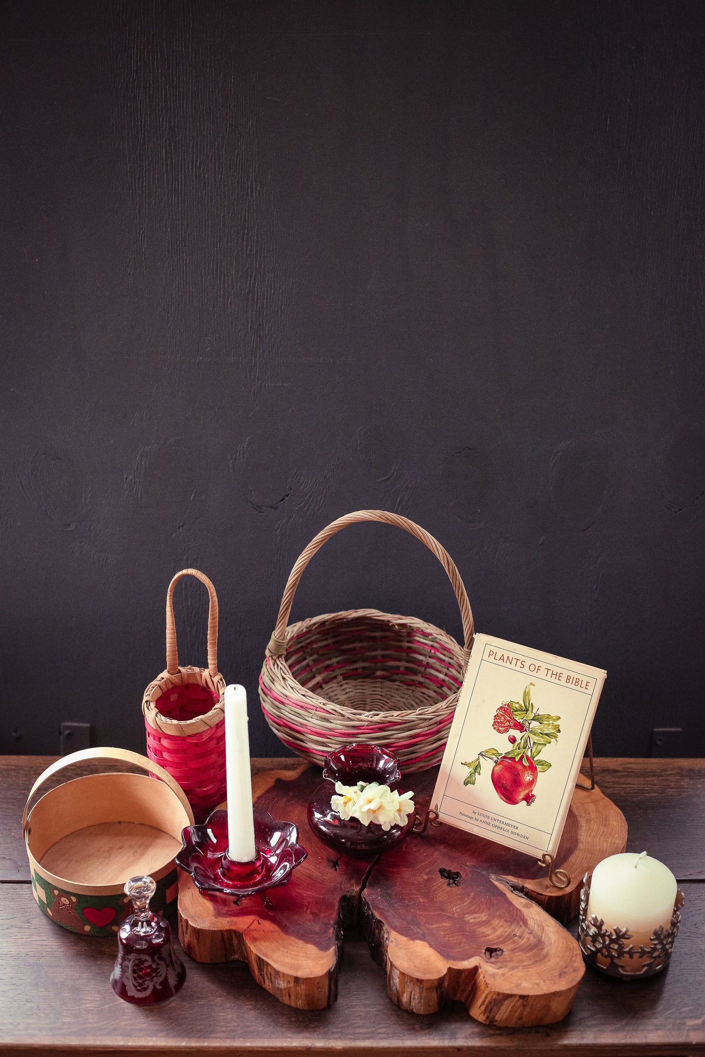 Red Dyed Wood Strip Wall Basket - Vintage Decorative Basket