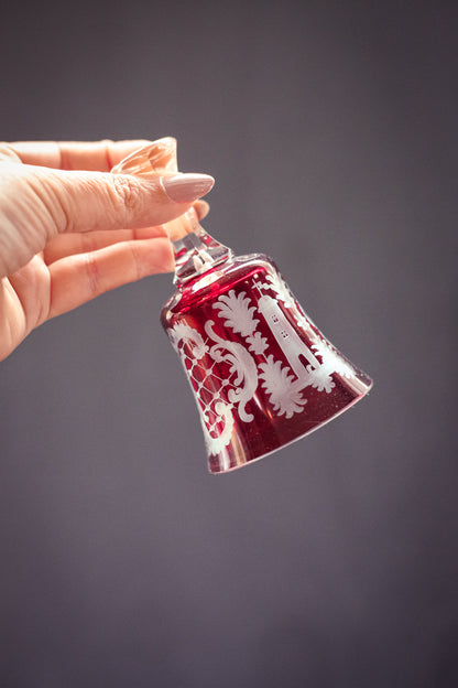 Red Carved Crystal Bell with Tower and Reindeer - Vintage Cut Glass Bell