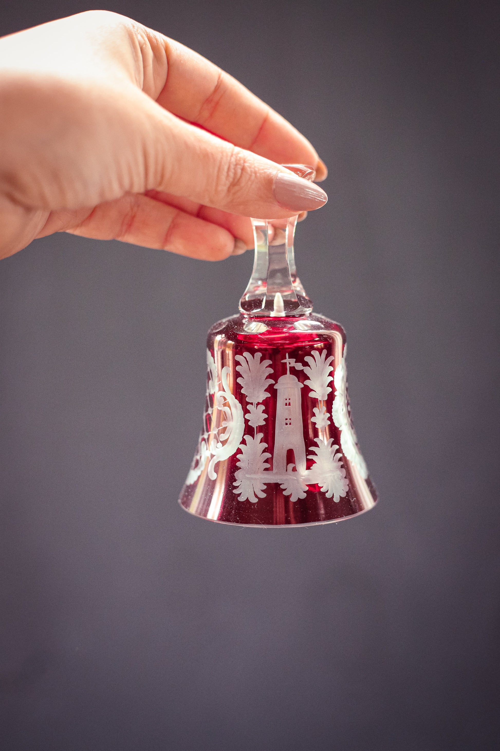 Red Carved Crystal Bell with Tower and Reindeer - Vintage Cut Glass Bell